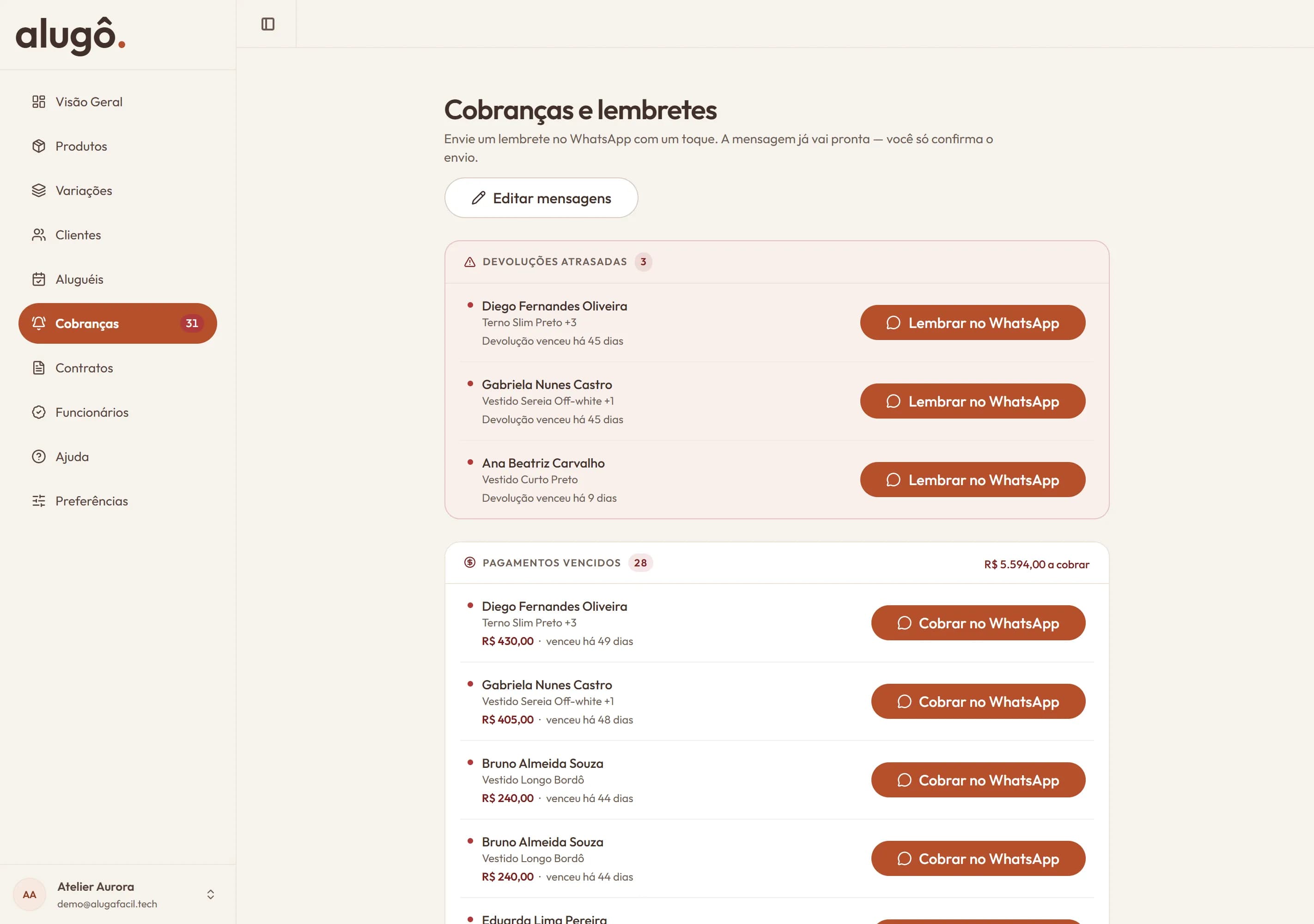 Lista de cobranças do Loqqa com botão de lembrete pelo WhatsApp